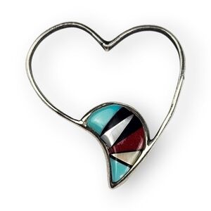 Zuni Sterling Heart Pendant Inlaid Stone Vintage Native American 925 Silver 1"